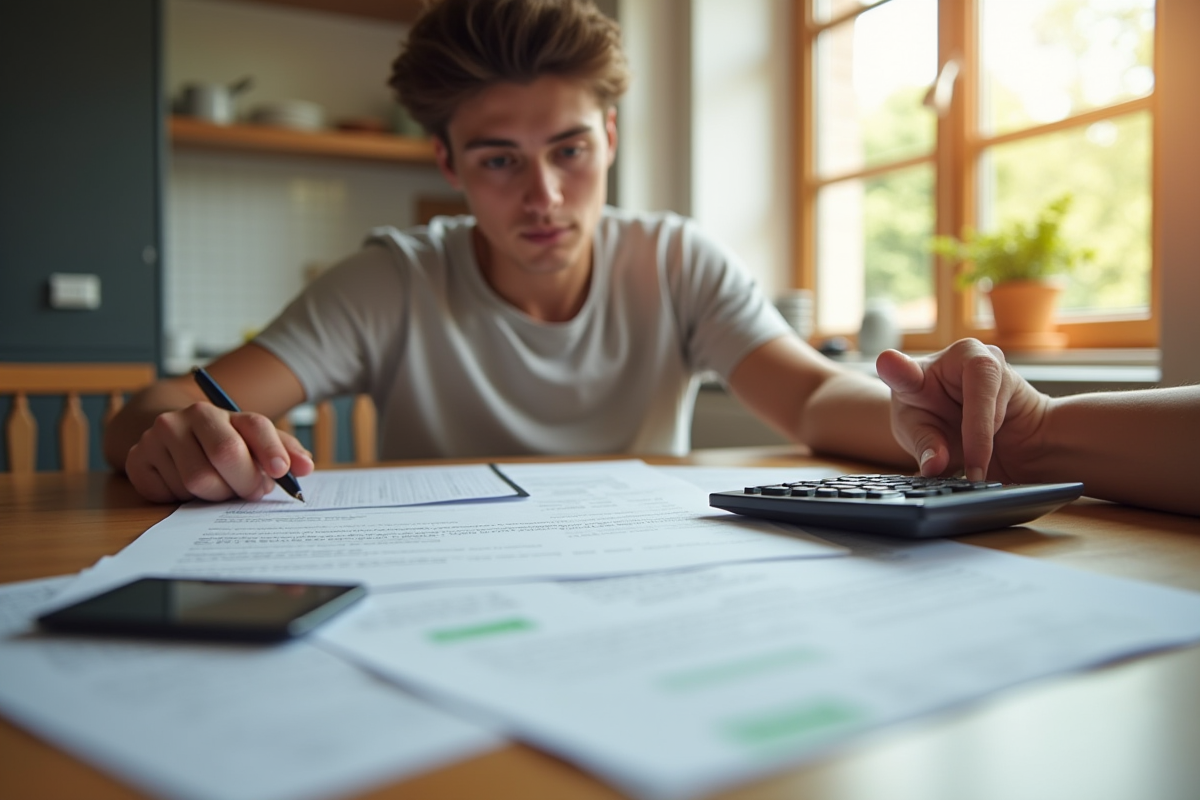 Jeune locataire vérifiant un contrat de location dans un appartement lumineux