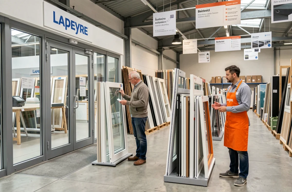 Client parcourant les échantillons de fenêtres dans le rayon menuiserie du magasin Lapeyre de Tours accompagné d'un vendeur en tablier orange