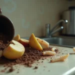 Larves de mouche sur des déchets organiques près d'une poubelle de cuisine ouverte