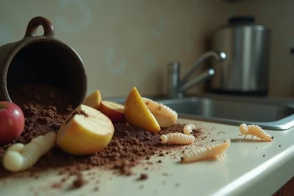 Larves de mouche sur des déchets organiques près d'une poubelle de cuisine ouverte