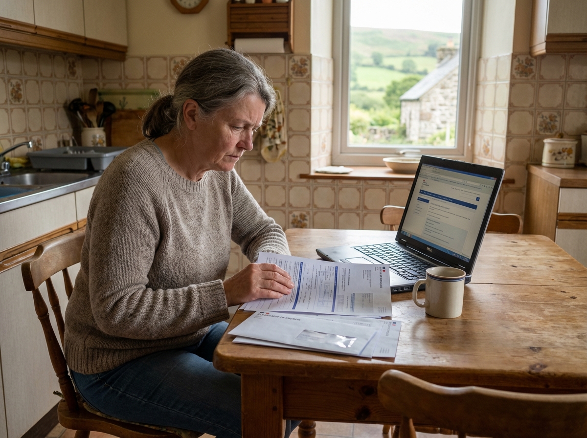 Femme retraitée lisant documents d aide au logement à la cuisine