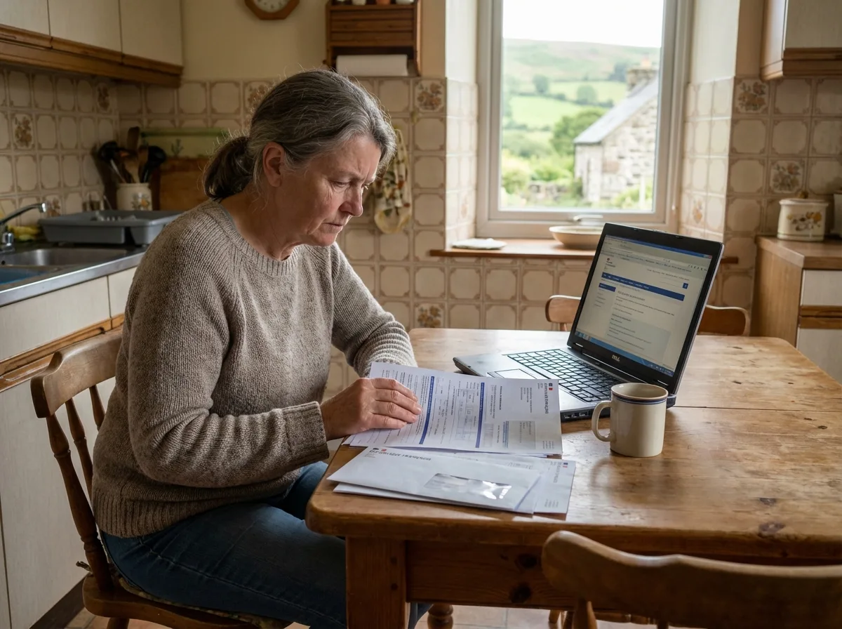 Femme retraitée lisant documents d aide au logement à la cuisine