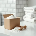 Boîte de lessive en poudre ouverte avec une cuillère en bois sur un plan de travail de buanderie moderne, draps blancs pliés en arrière-plan