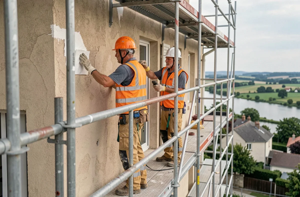 Deux techniciens de Lift'facade travaillant en hauteur sur un échafaudage pour isoler la façade d'un bâtiment résidentiel
