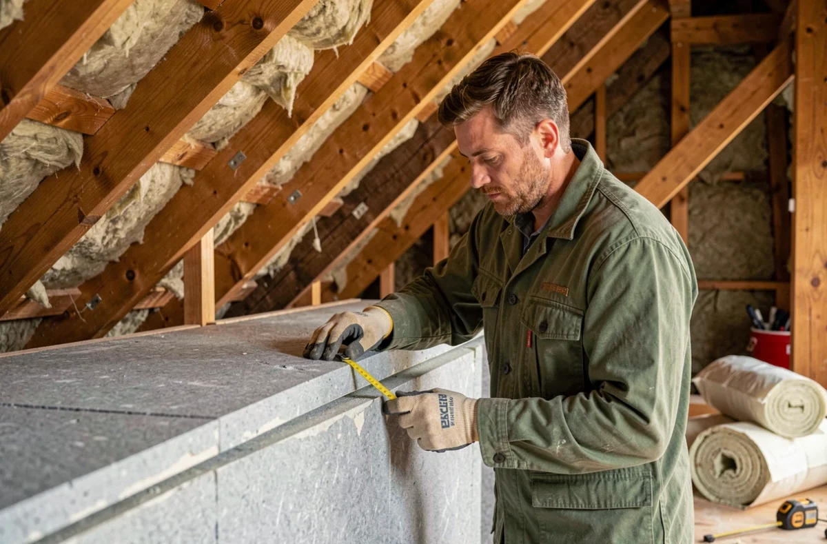 Installateur de Loire Iso 49 posant des panneaux d'isolation rigides entre les solives d'un grenier d'une maison du Val de Loire