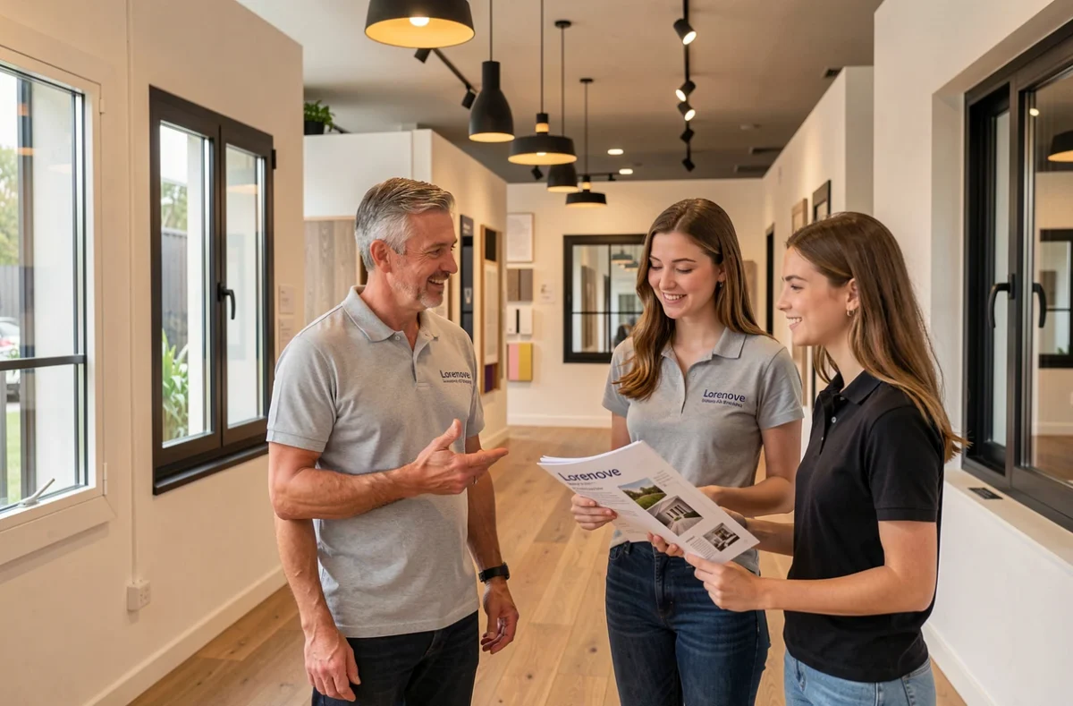 Conseiller Lorenove Orléans expliquant les caractéristiques techniques de fenêtres à un couple dans le showroom d'Orléans
