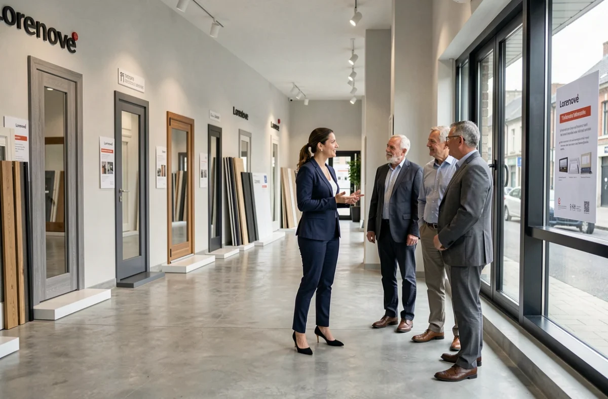 Conseillère de vente Lorenove Tours présentant des échantillons de fenêtres en aluminium à un couple dans le showroom moderne de Tours