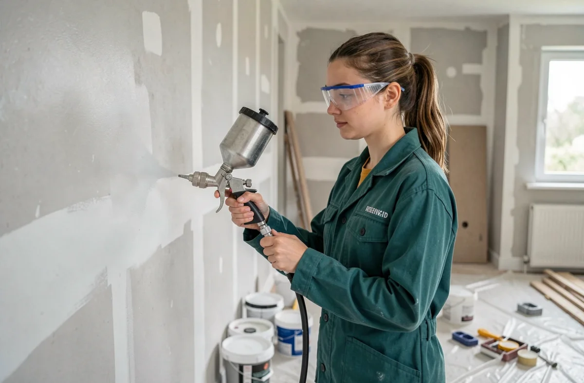 Technicienne de Lov'Renovs appliquant un revêtement isolant sur une cloison en plâtre dans une maison en cours de rénovation intérieure
