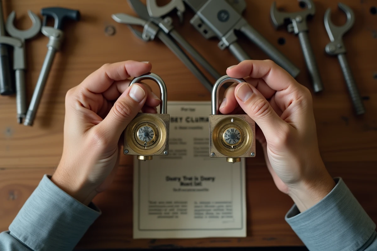 Mains d'adulte manipulant un cadenas à 3 chiffres en laiton avec notice d'instructions sur établi en bois