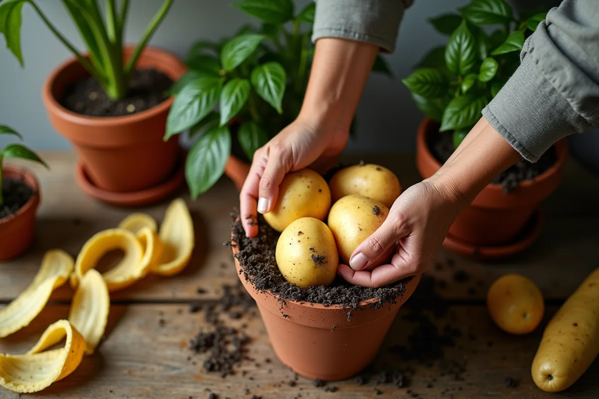 Mains disposant des peaux de pommes de terre sur une plante en pot