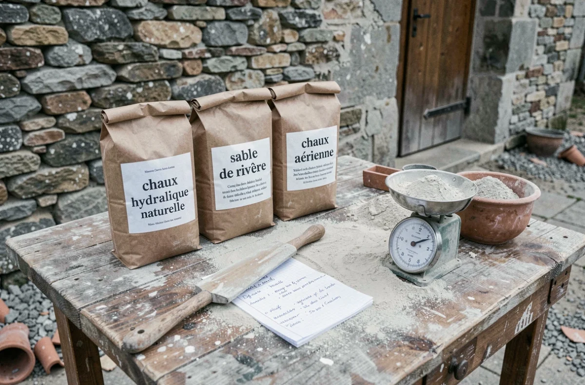 Matériaux pour dosage chaux sable avec balance et note de proportions pour enduit de mur en pierre