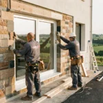Équipe de poseurs de fenêtres professionnels installant une fenêtre double vitrage sur une façade résidentielle en Centre-Val de Loire