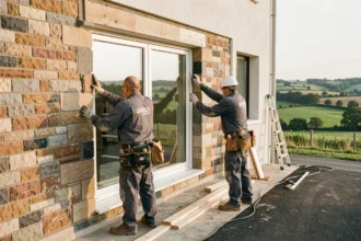 Équipe de poseurs de fenêtres professionnels installant une fenêtre double vitrage sur une façade résidentielle en Centre-Val de Loire