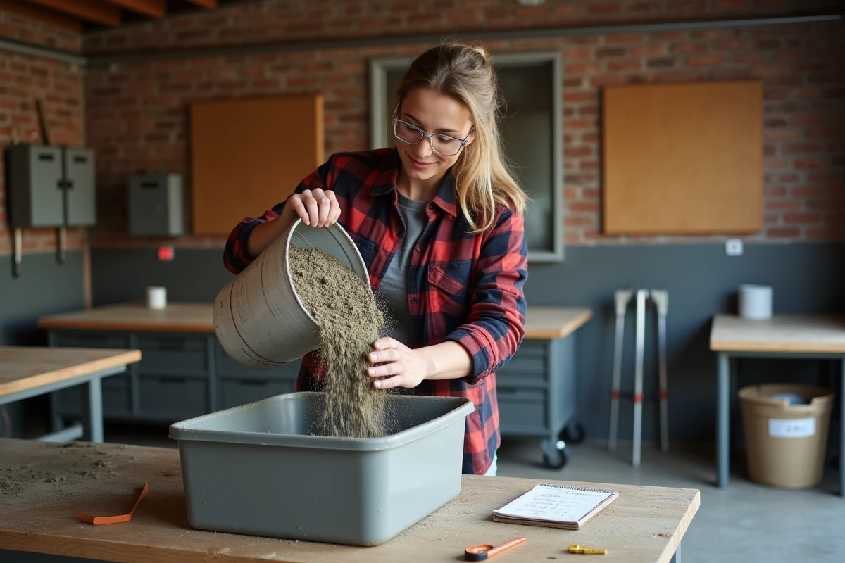 Femme versant un sac de béton prêt à l'emploi dans un bac de gâchage avec des calculs de volume sur un carnet