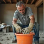 Ouvrier mélangeant du ciment et du sable dans un seau sur un chantier de rénovation