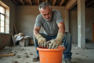 Ouvrier mélangeant du ciment et du sable dans un seau sur un chantier de rénovation