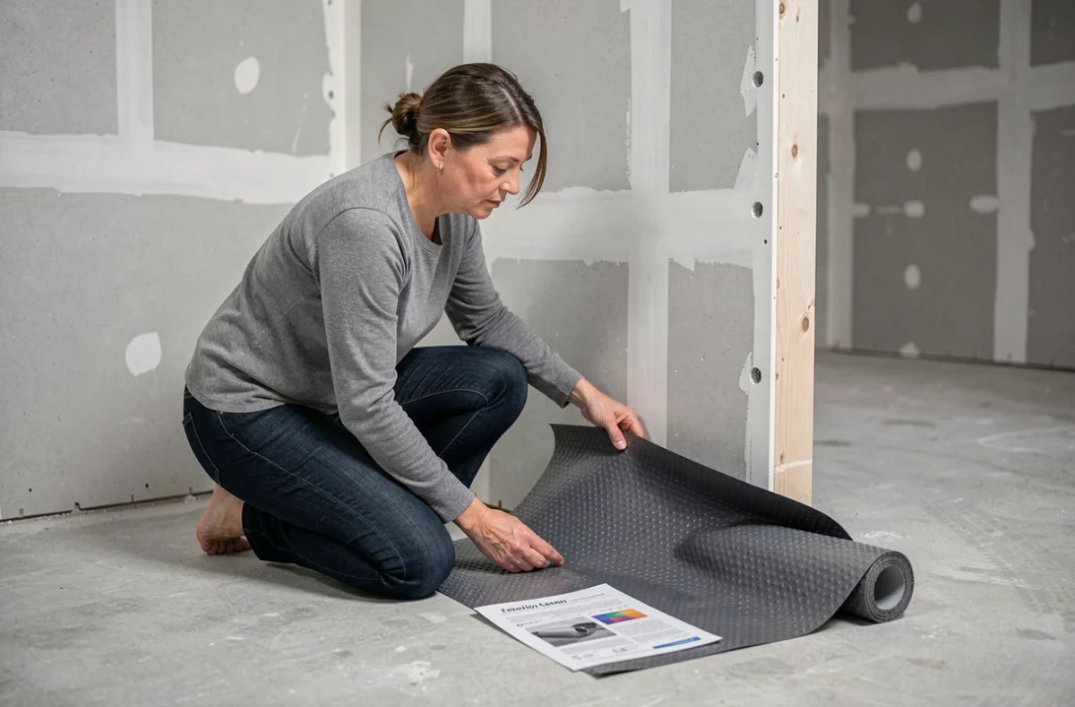 Femme inspectant une membrane drainante contre un mur de sous-sol lors de travaux de traitement de l'humidité