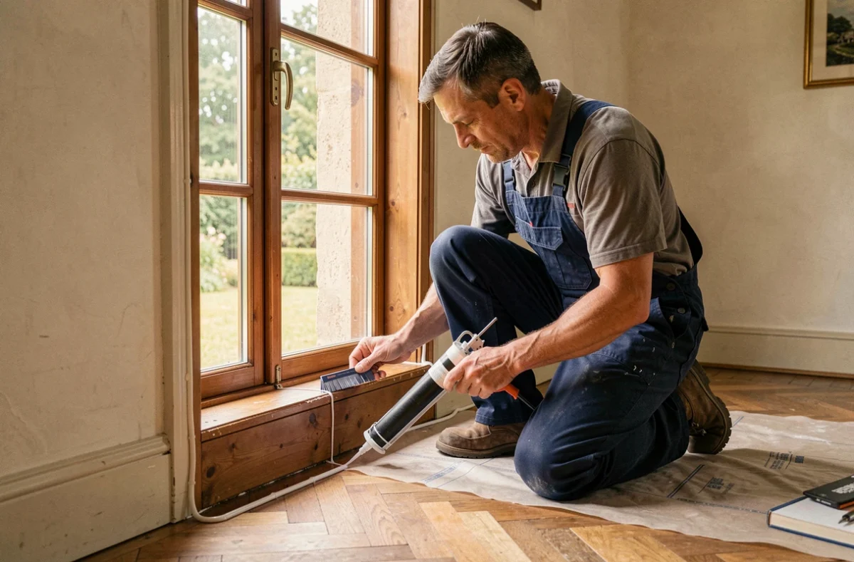 Artisan Menuinova appliquant un joint en silicone autour d'un cadre de fenêtre en bois nouvellement installé dans une maison du Val de Loire