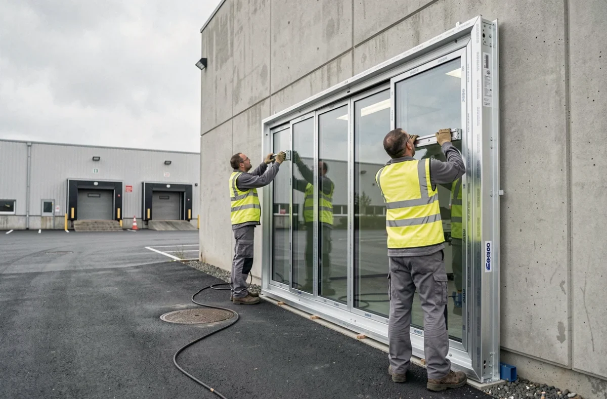 Équipe Metal 2000 posant un grand châssis en aluminium renforcé sur la façade d'un bâtiment industriel dans une zone commerciale française