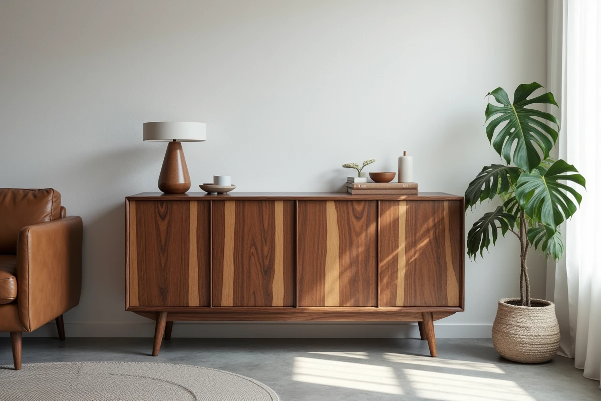 Meuble en bois exotique zébrano avec finition cire dans un salon scandinave moderne au rendu premium