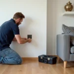 Homme moyen âge installe prise coaxiale dans salon moderne