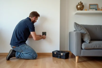 Homme moyen âge installe prise coaxiale dans salon moderne
