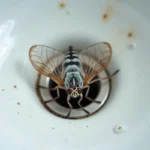 Gros plan macro d'une mouche à drains aux ailes veloutées reposant près d'un siphon de lavabo en porcelaine blanche