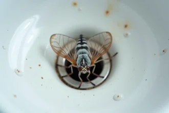 Gros plan macro d'une mouche à drains aux ailes veloutées reposant près d'un siphon de lavabo en porcelaine blanche