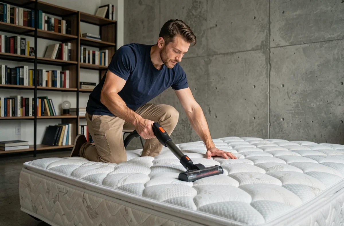 Homme en train d'aspirer la surface d'un matelas avec un aspirateur à main dans un appartement moderne