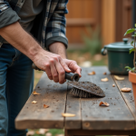 Homme moyenâgeux nettoyant une pelle de jardin avec une brosse