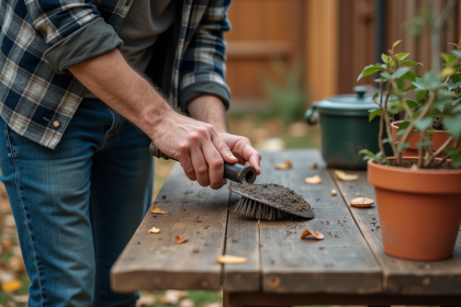 Homme moyenâgeux nettoyant une pelle de jardin avec une brosse