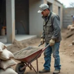 Ouvrier de construction préparant un mélange de sable et ciment sur un chantier