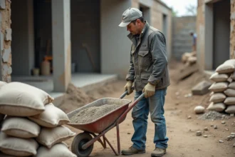 Ouvrier de construction préparant un mélange de sable et ciment sur un chantier