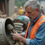 Ouvrier de construction avec un mixeur à béton en extérieur