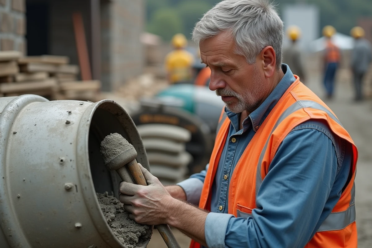 Ouvrier de construction avec un mixeur à béton en extérieur