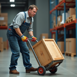 Homme d'âge moyen déplaçant une caisse en bois dans un entrepôt