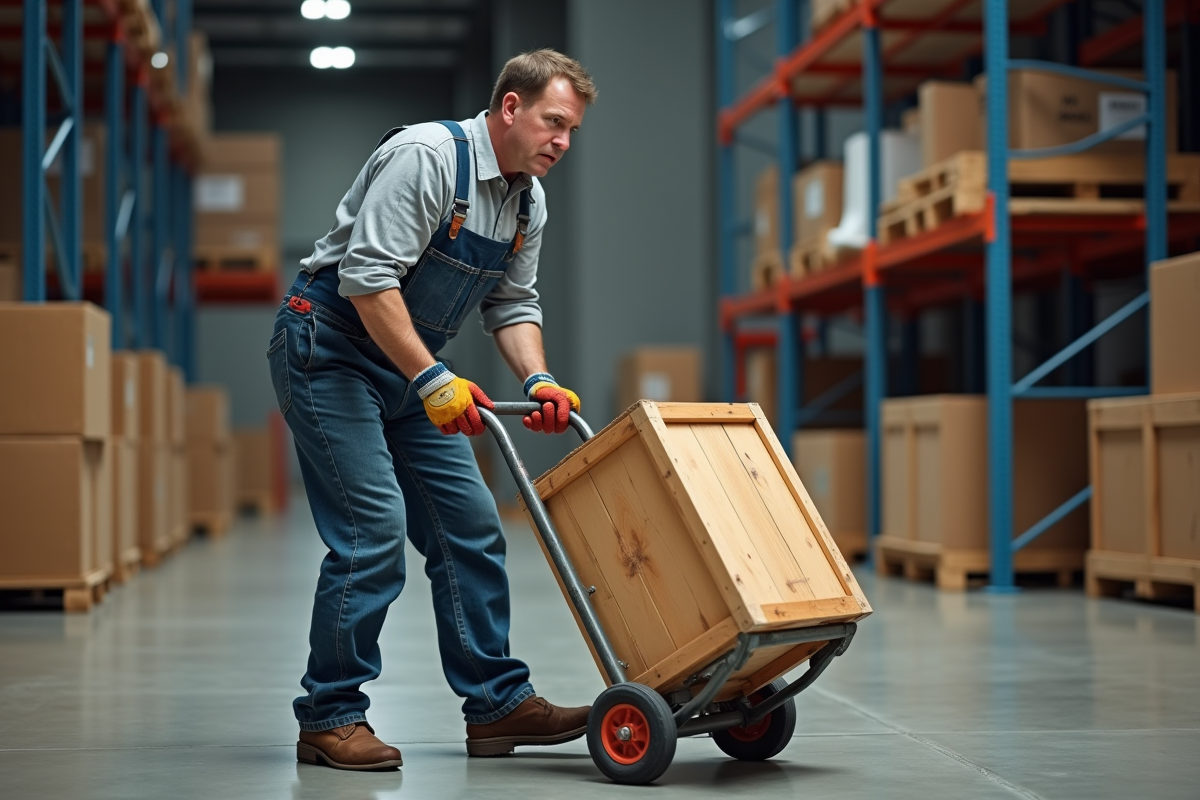 Homme d'âge moyen déplaçant une caisse en bois dans un entrepôt