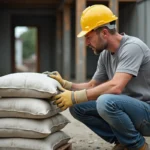 Ouvrier de chantier lisant l'étiquette d'un sac de béton prêt à l'emploi pour calculer le volume en m3