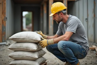 Ouvrier de chantier lisant l'étiquette d'un sac de béton prêt à l'emploi pour calculer le volume en m3