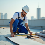 Ouvrier en overalls mesurant un toit urbain