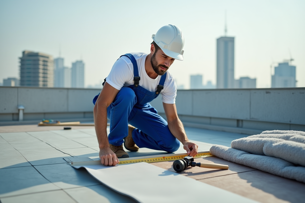 Ouvrier en overalls mesurant un toit urbain