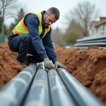 Ouvrier en tenue de sécurité pose un tuyau PVC dans une tranchée