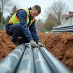 Ouvrier en tenue de sécurité pose un tuyau PVC dans une tranchée