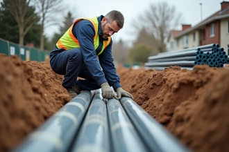 Ouvrier en tenue de sécurité pose un tuyau PVC dans une tranchée