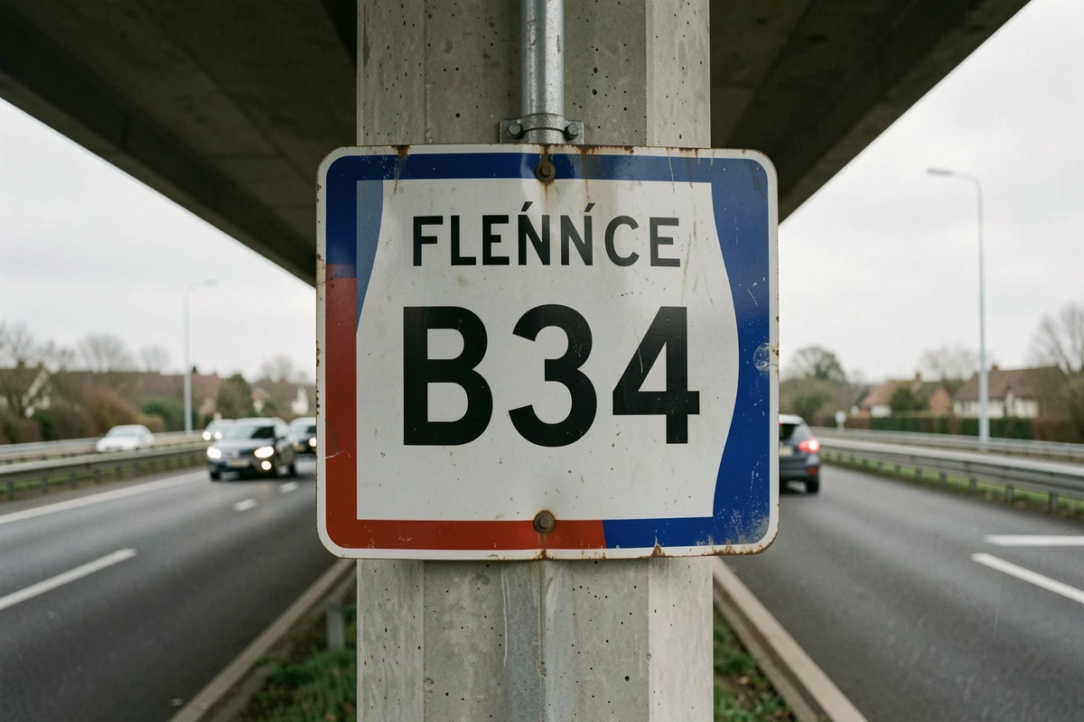 Panneau B34 fixé sur un pilier d'autoroute urbaine signalant la fin d'interdiction de dépasser