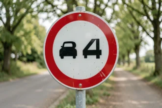Panneau de signalisation B34 fin d'interdiction de dépasser sur route française en milieu rural