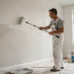 Peintre professionnel appliquant de la peinture blanche sur un mur de salon en rénovation avec un rouleau sur perche