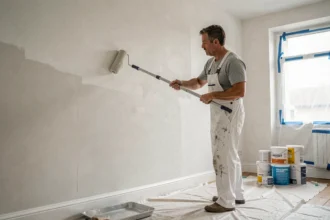 Peintre professionnel appliquant de la peinture blanche sur un mur de salon en rénovation avec un rouleau sur perche
