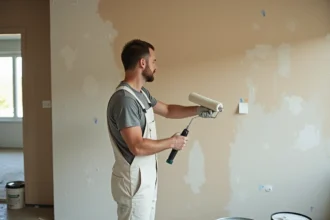 Peintre professionnel en train d'appliquer de la peinture au rouleau sur un mur intérieur lors d'une rénovation appartement