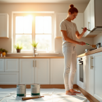 Personne peignant des portes de cuisine lumineuse et moderne